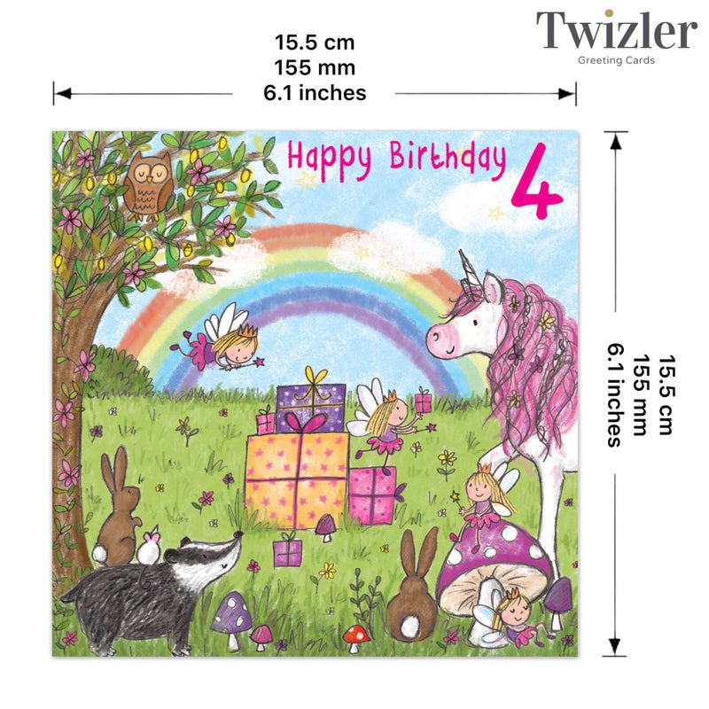 Twizler 4th Birthday Card for Girl with Unicorn - Girls Age 4 Year Old Childrens Happy Birthday Card Gifts - Image 3